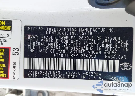 2019 Toyota Camry Xse from USA, damaged, VIN 4T1B61HK7KU266853